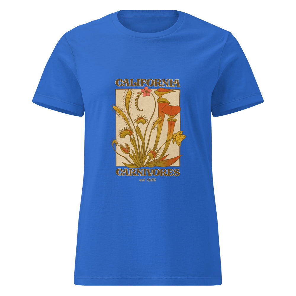 Blue t-shirt with a graphic design of carnivorous plants and text on a white background