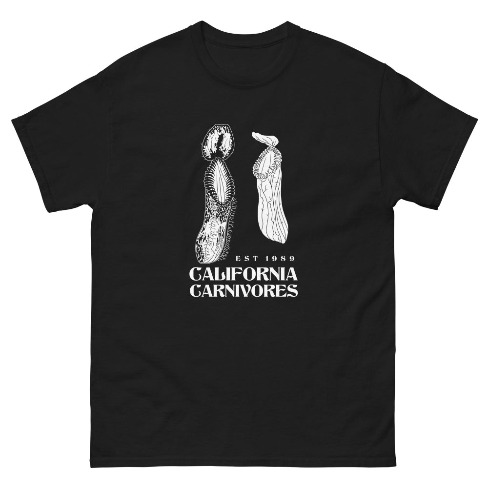 Black t-shirt with white graphic design and text on a white background