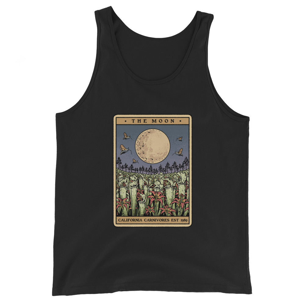 Black tank top with a graphic design of a moon and trees on a white background