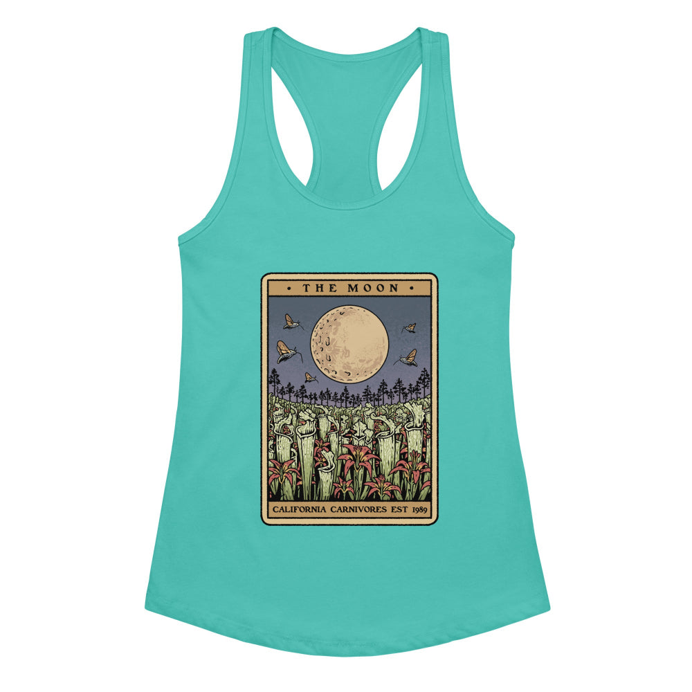 Turquoise tank top with 'The Moon' tarot card design on a white background