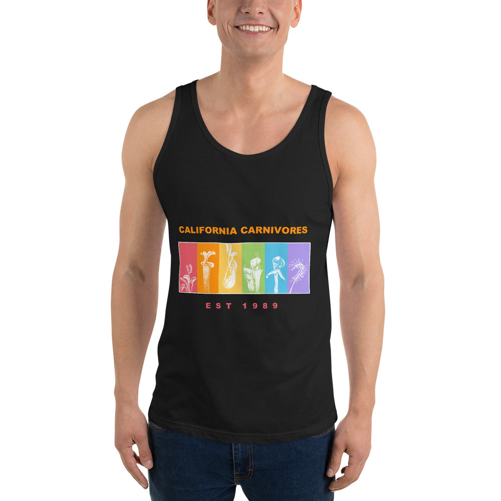 Person wearing a black tank top with 'California Carnivores' graphic design on a white background