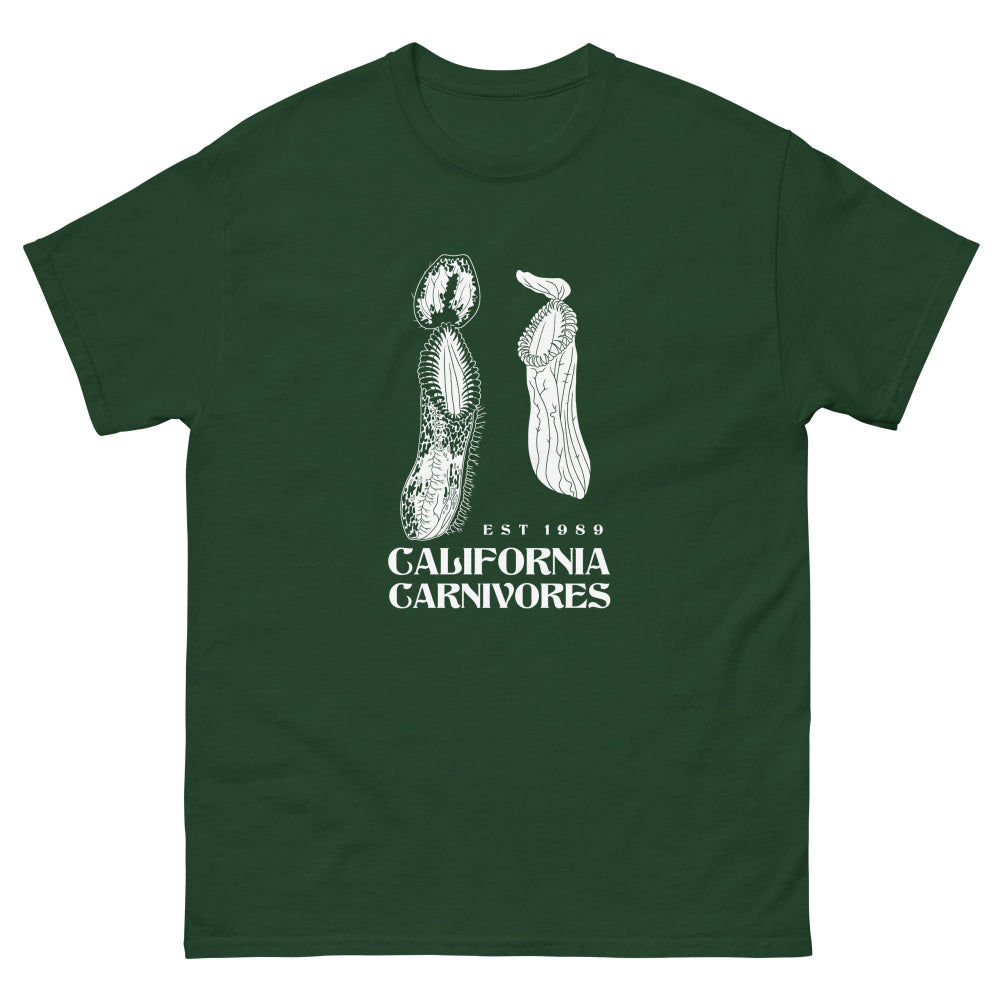 Green t-shirt with white graphic design and text on a white background