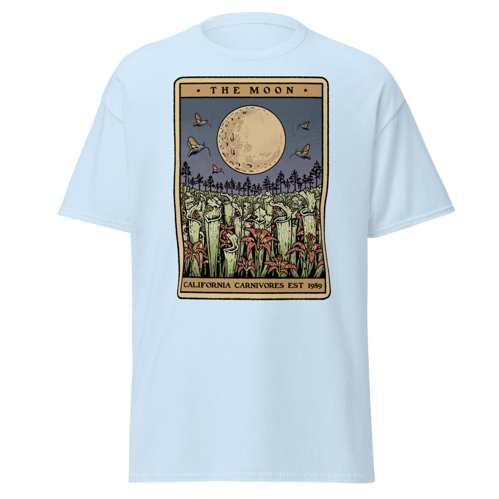 Light blue t-shirt with 'The Moon' graphic design on a white background