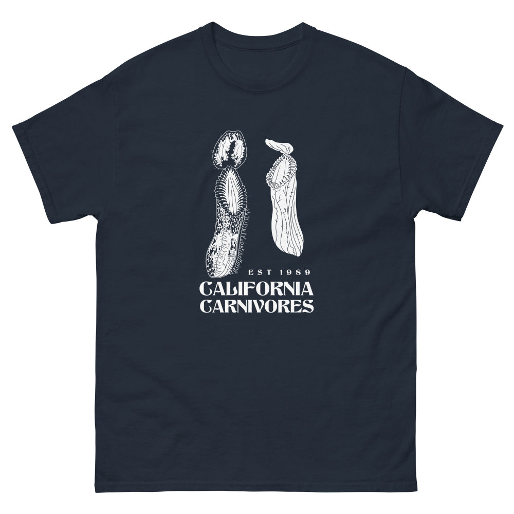Navy blue t-shirt with white graphic design and text on a white background