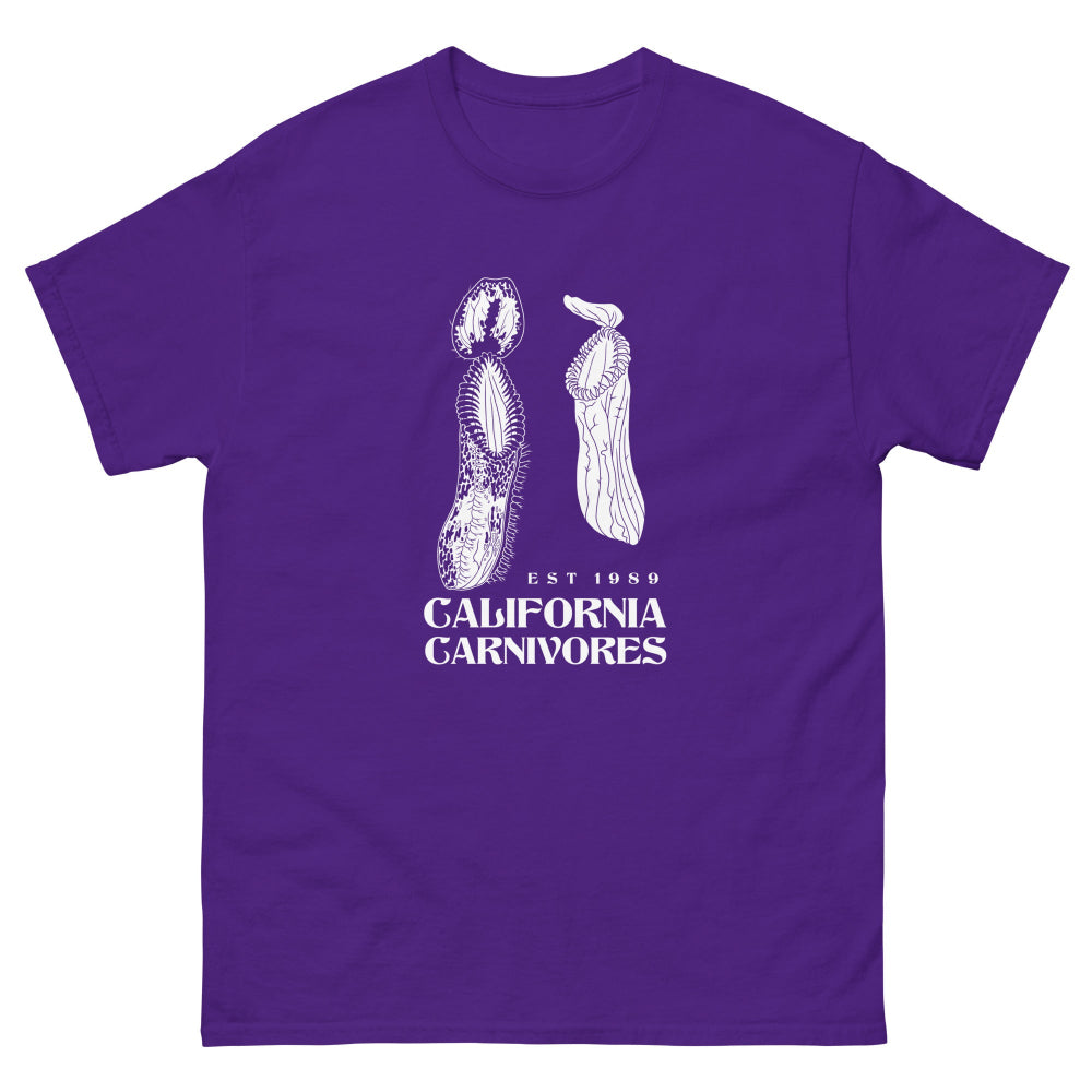 Purple t-shirt with white graphic and text 'California Carnivores' on a white background