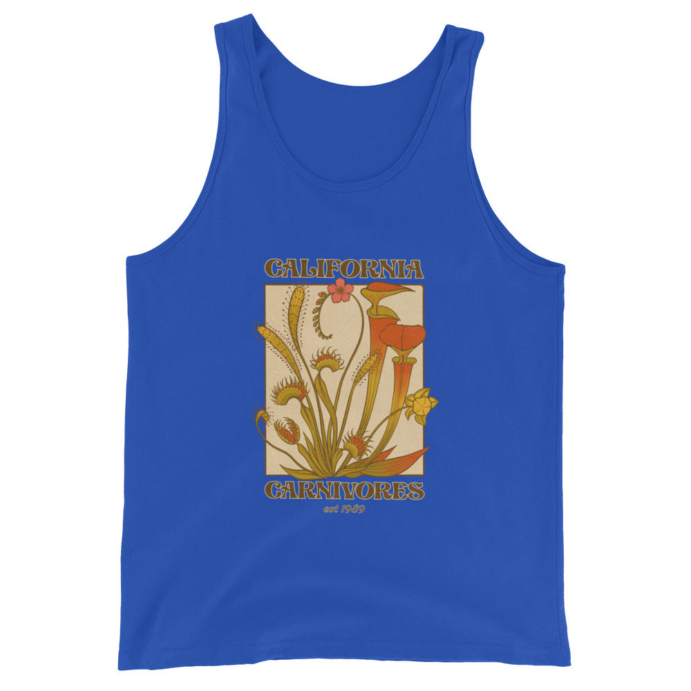 Blue tank top with carnivorous plant design and 'California Carnivores' text on a white background