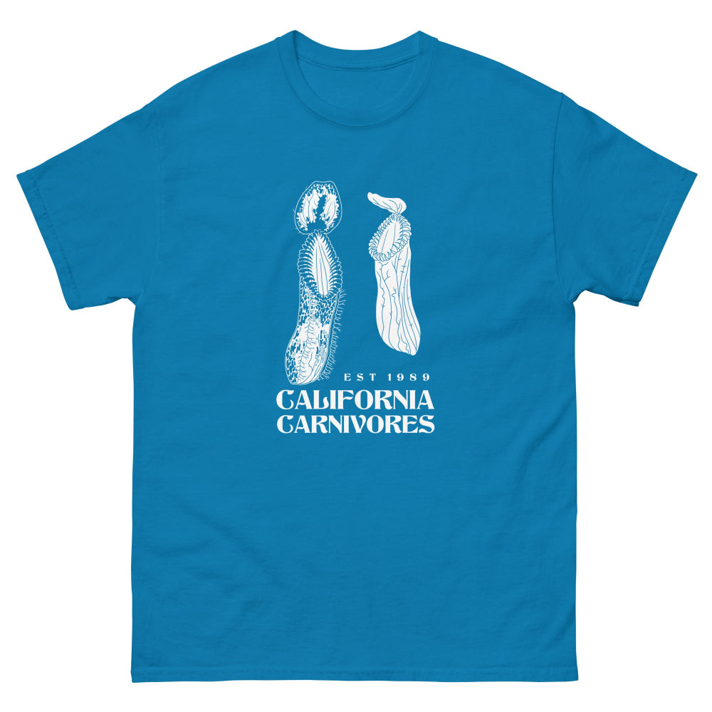 Blue t-shirt with white graphic design and text on a white background