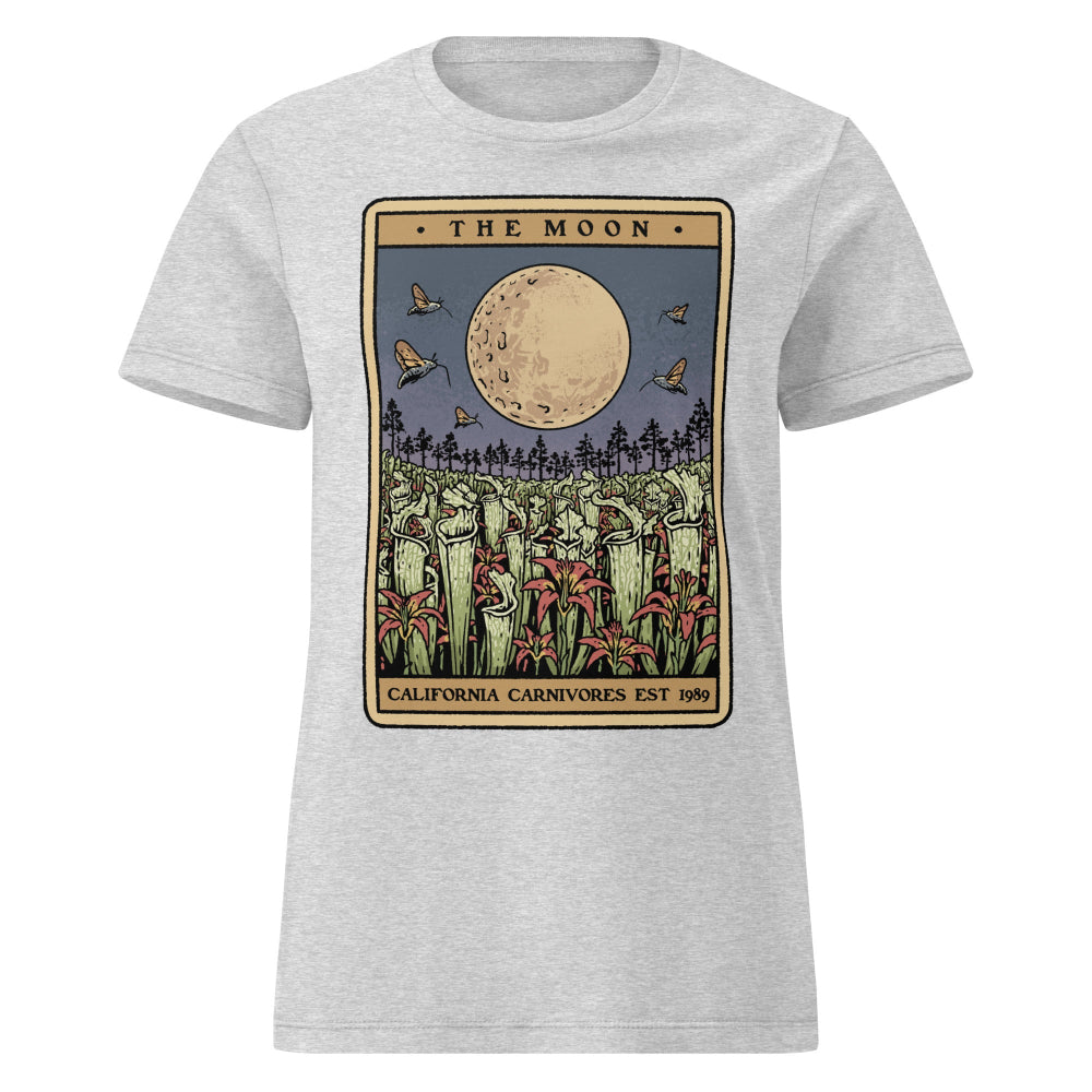 Gray t-shirt with a graphic design of a moon and trees on a white background