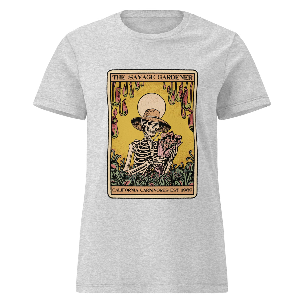 Gray t-shirt with a graphic of a skeleton wearing a hat and sunglasses, surrounded by plants and flowers, on a white background.