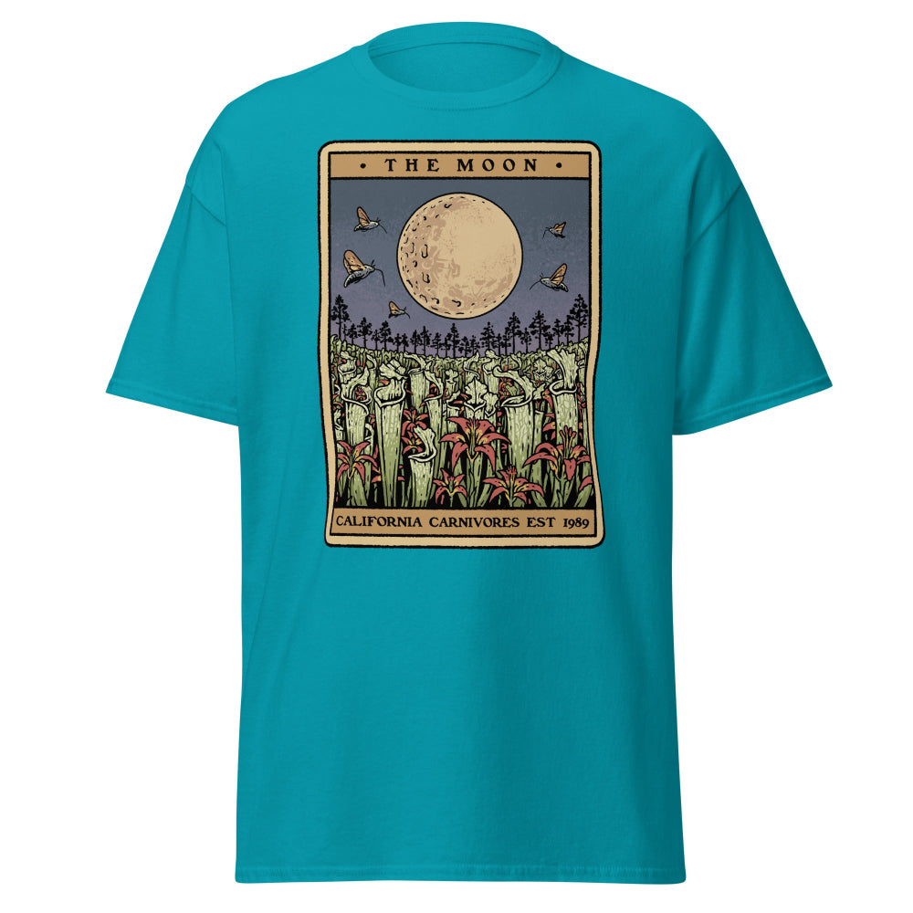 Teal t-shirt with 'The Moon' tarot card design on a white background