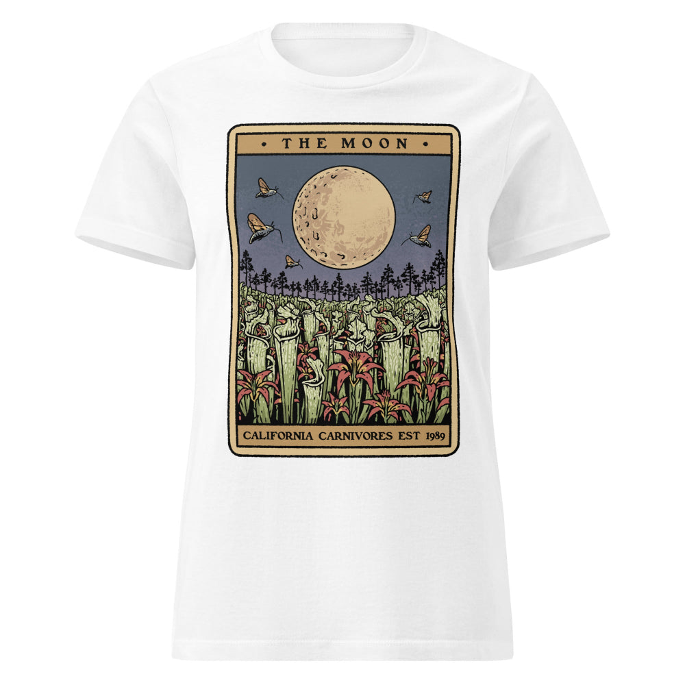 White tshirt with a design of the moon and sarracenia