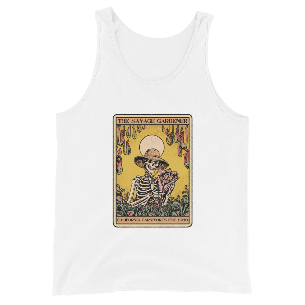 White tank top with a skeleton and plants graphic on a white background