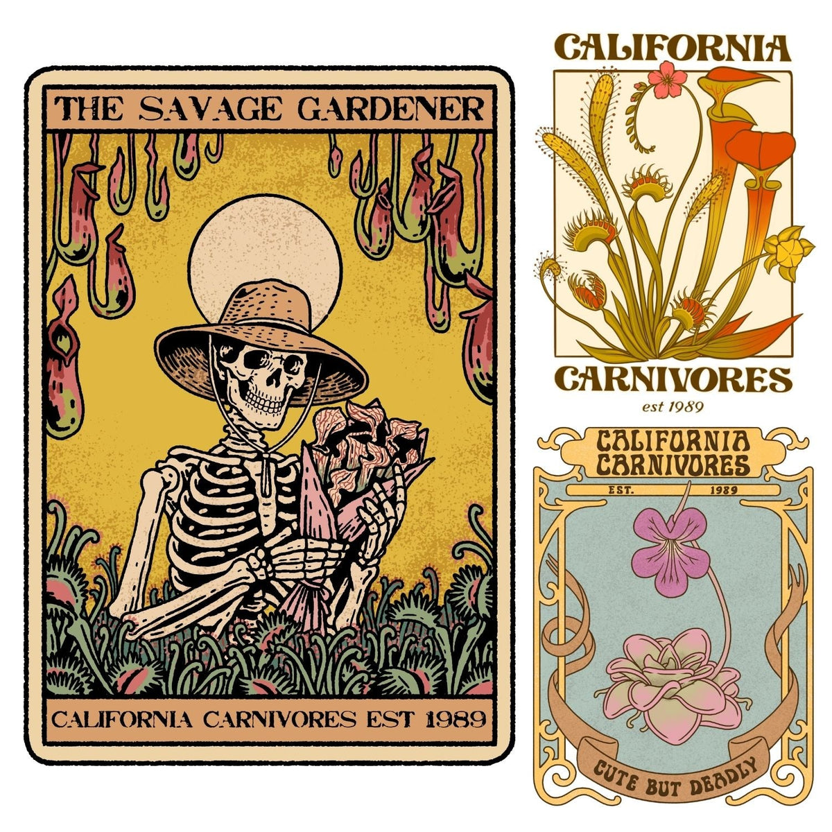 Three graphics with California carnivores merchandise designs; the savage gardener tarot card design, the dreamy vintage bog garden design and the cute but deadly design