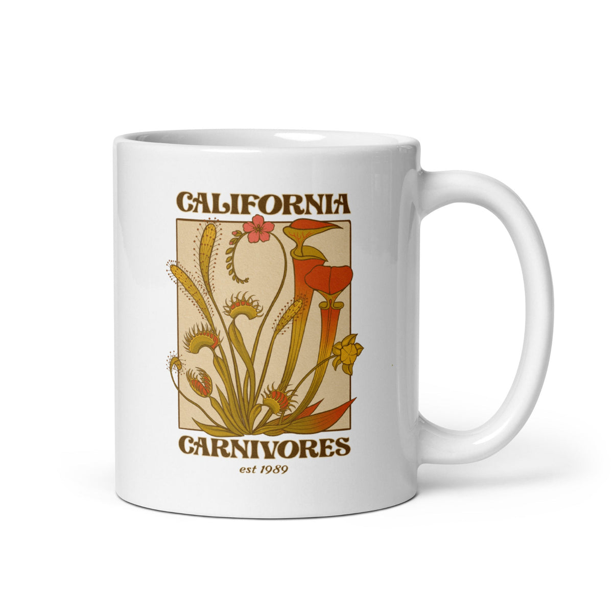 White mug with California Carnivores design featuring carnivorous plants on a white background