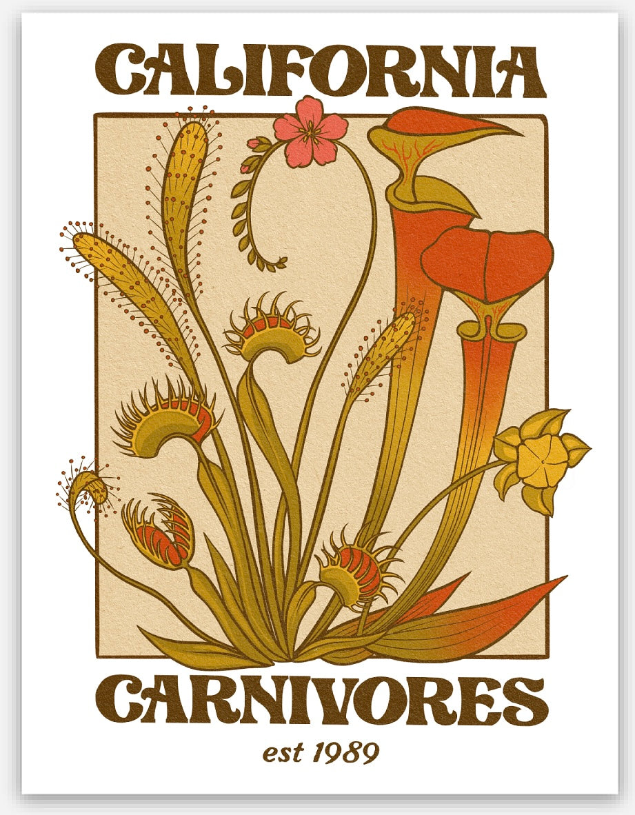 Orange and yellow stylized carnivorous plants including a Sarrcenia, flytrap and sundew on a white and tan background with California Carnivores logo