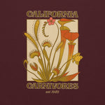 Illustration of carnivorous plants with 'California Carnivores' text on a maroon background