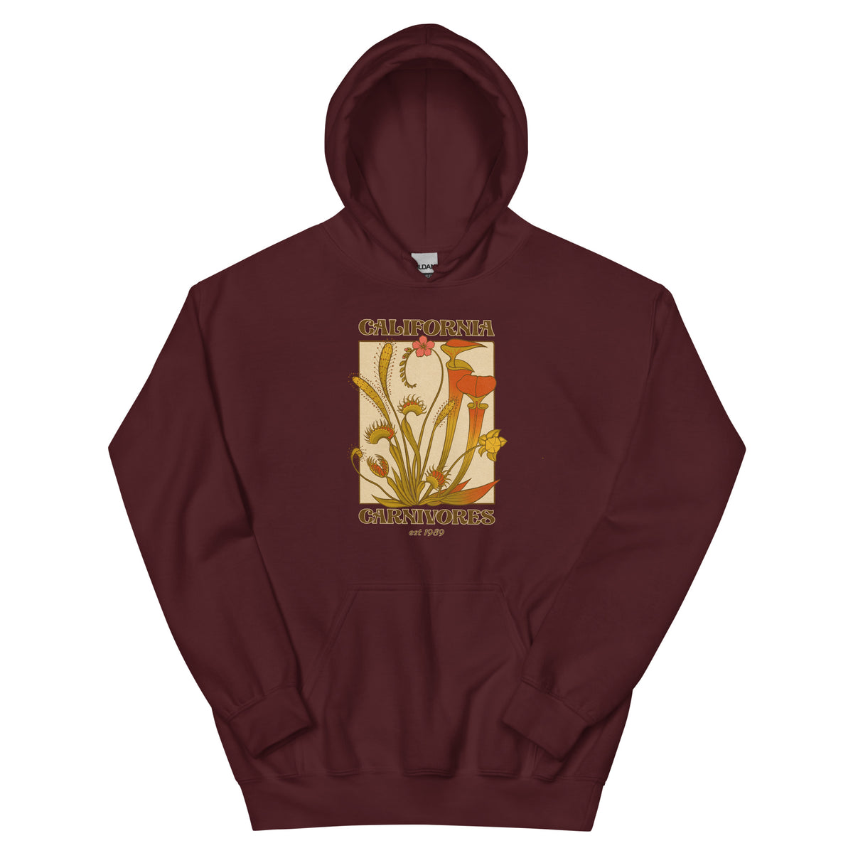A Dreamy Vintage Bog Garden Unisex Hoodie maroon carnivorous plant