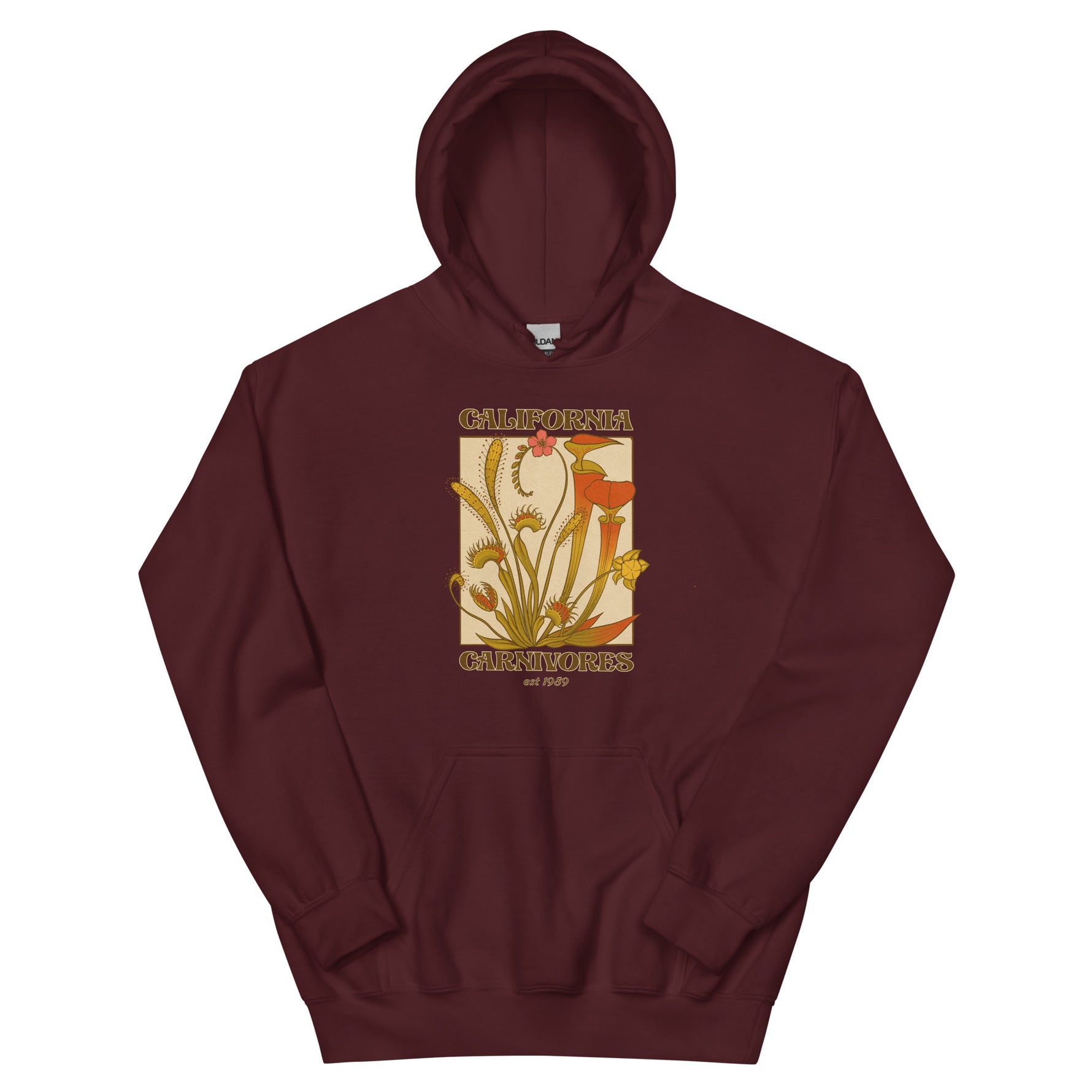 A Dreamy Vintage Bog Garden Unisex Hoodie maroon carnivorous plant