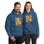 Two people wearing blue hoodies with a graphic design on a white background