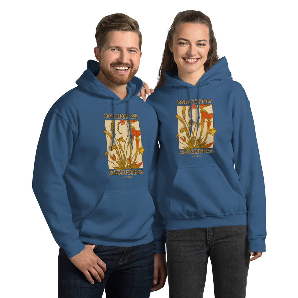 Two people wearing blue hoodies with a graphic design on a white background