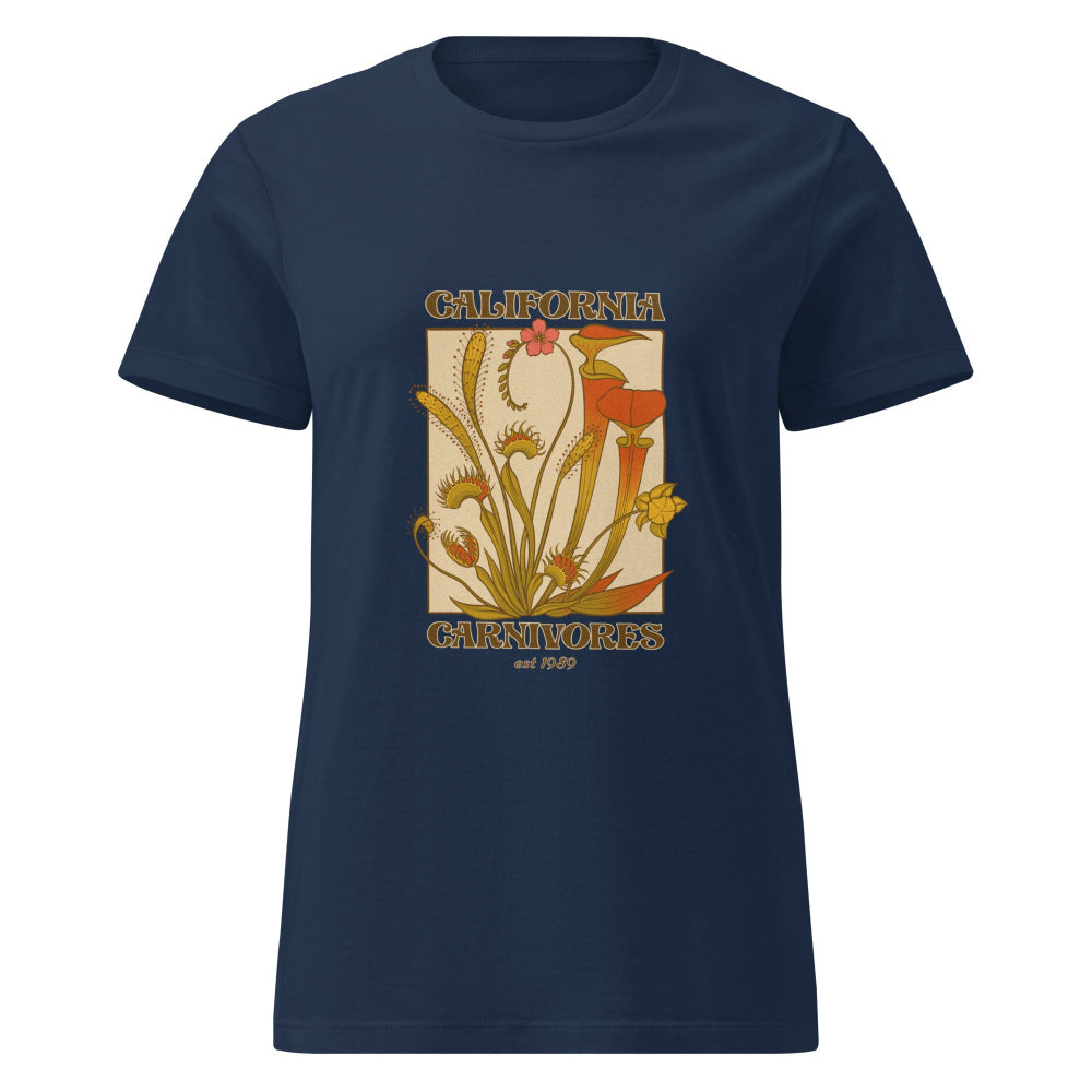Navy blue t-shirt with a graphic design of carnivorous plants on a white background