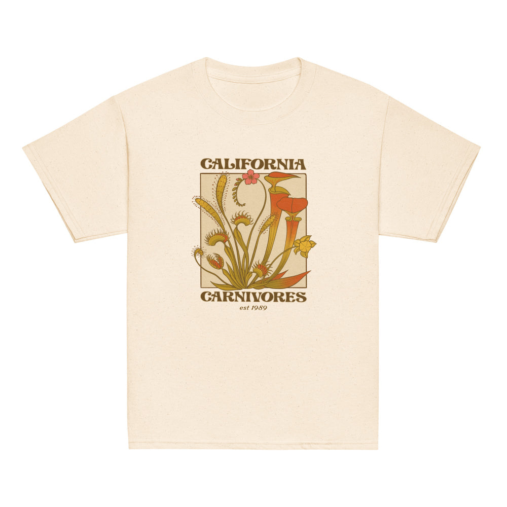 Beige t-shirt with a graphic design of carnivorous plants and text on a white background