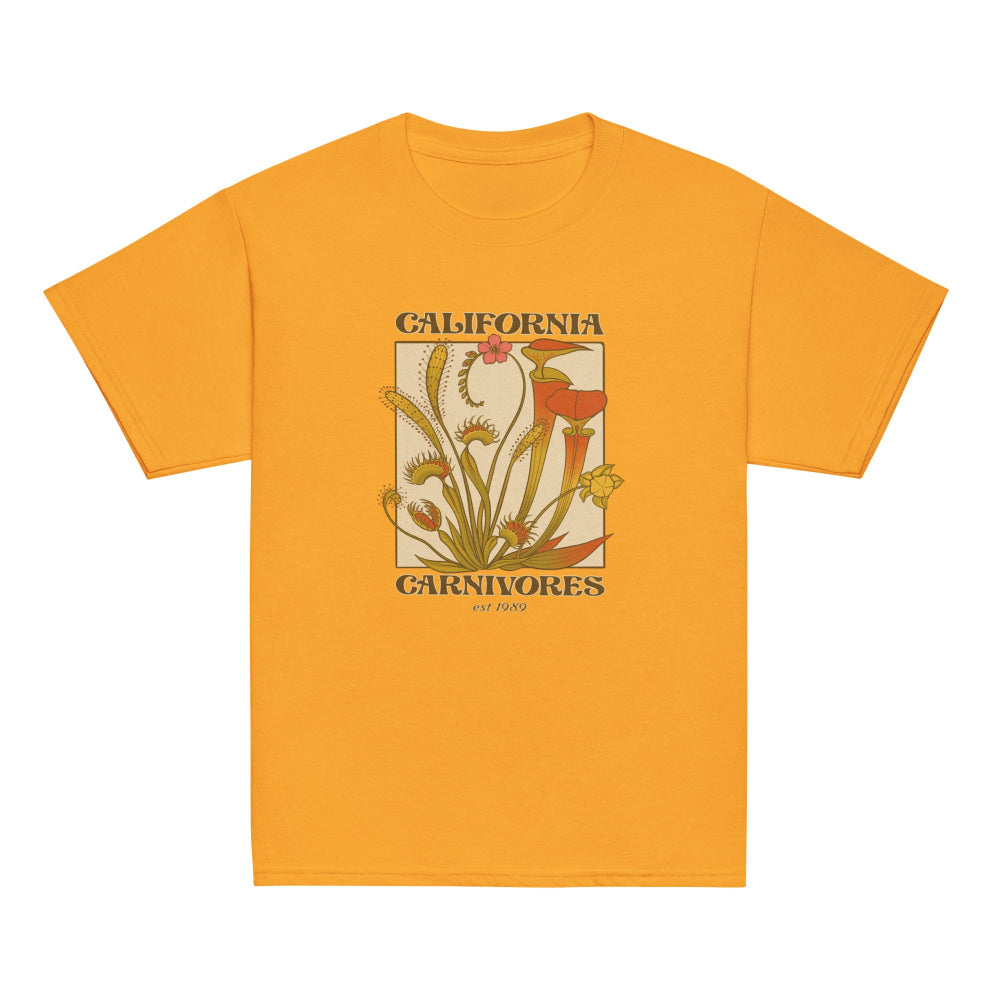 Yellow t-shirt with a graphic design of carnivorous plants and text on a white background