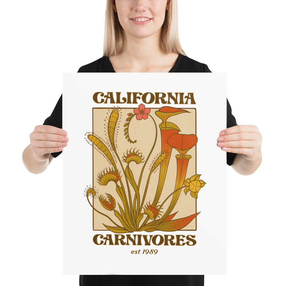 Person holding a poster with 'California Carnivores' design featuring plant illustrations.