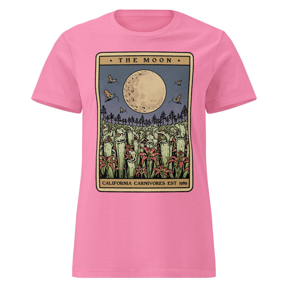 Pink t-shirt with 'The Moon' graphic design on a white background