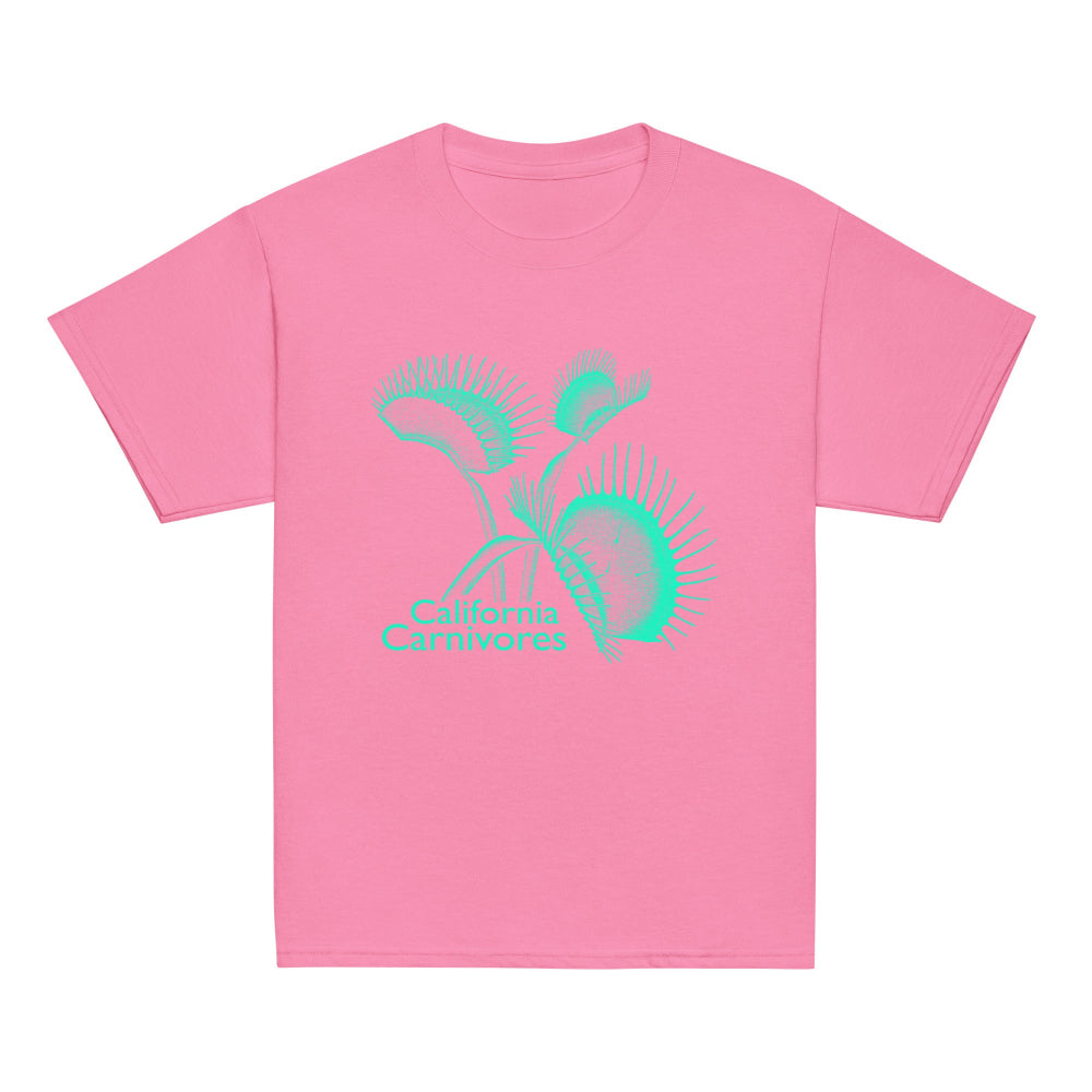 Pink t-shirt with teal graphic design on a white background
