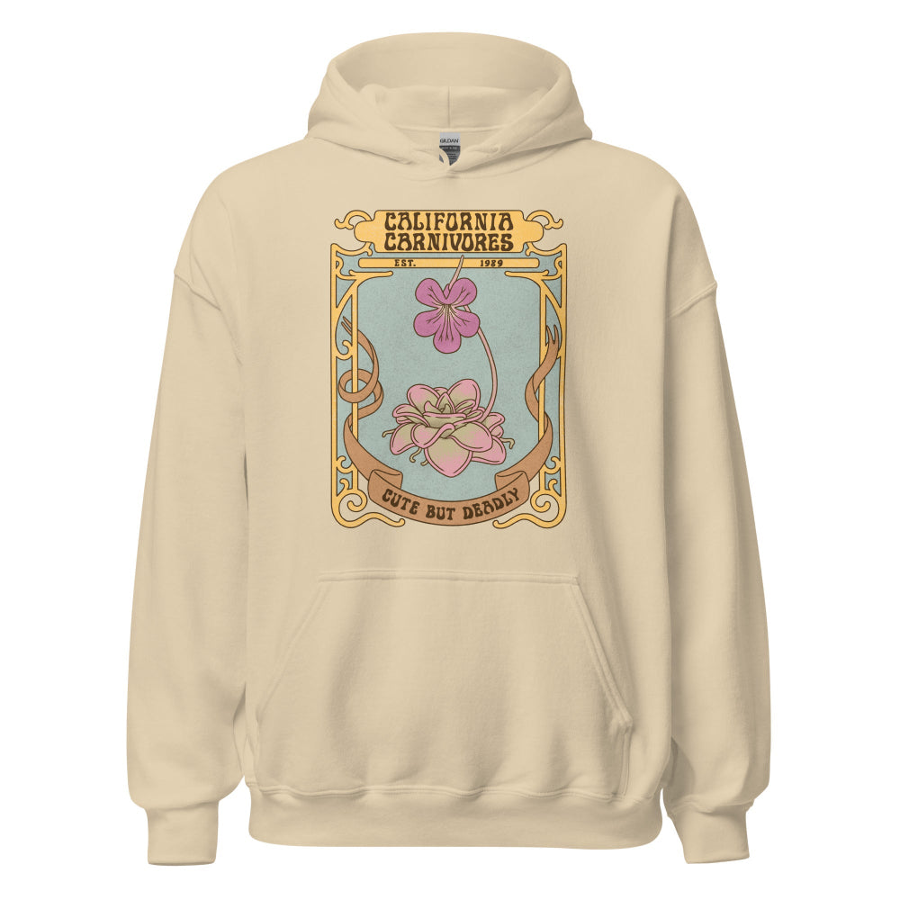 Beige hoodie with a graphic design on the chest featuring a pink flower and text.