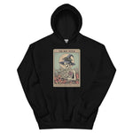 Black hoodie with a graphic design of a skeleton in a witch hat and broomstick on a white background