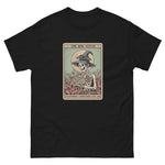 Black t-shirt with a graphic of 'The Bog Witch' tarot card design on a white background