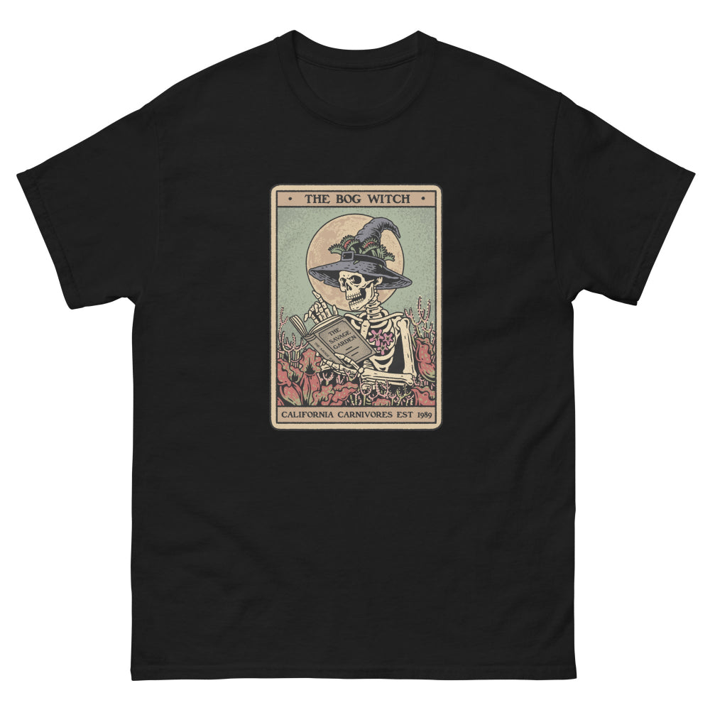 Black t-shirt with a graphic of 'The Bog Witch' tarot card design on a white background