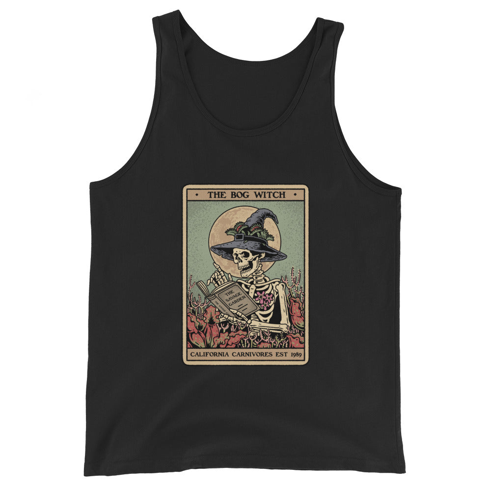 Black tank top with a skeleton wearing a witch hat and reading a book design on a white background.