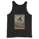 Black tank top with a skeleton wearing a witch hat and reading a book design on a white background.