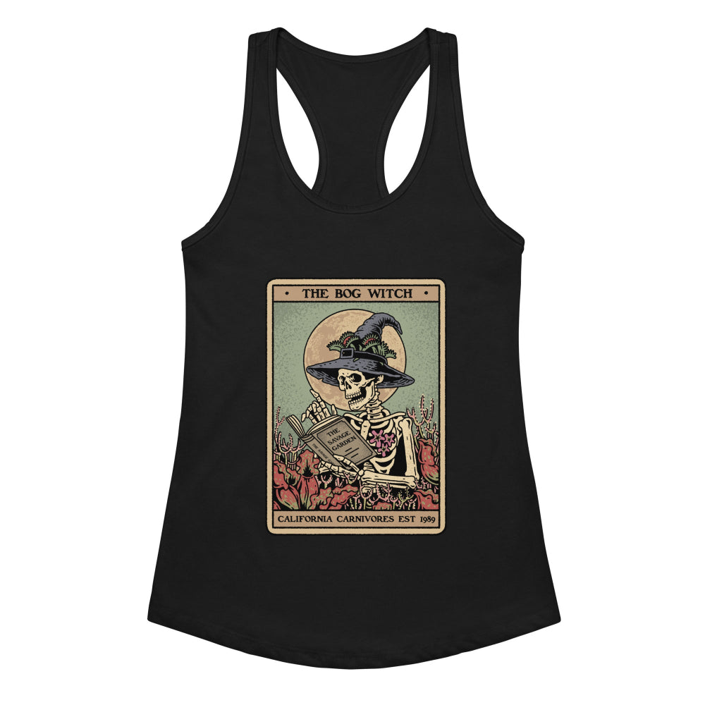 Black tank top with a skeleton wearing a witch hat and reading a book design on a white background