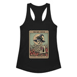Black tank top with a skeleton wearing a witch hat and reading a book design on a white background