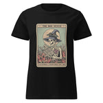Black t-shirt with a graphic of a skeleton wearing a witch hat and holding a book, labeled 'The Bog Witch' on a white background.
