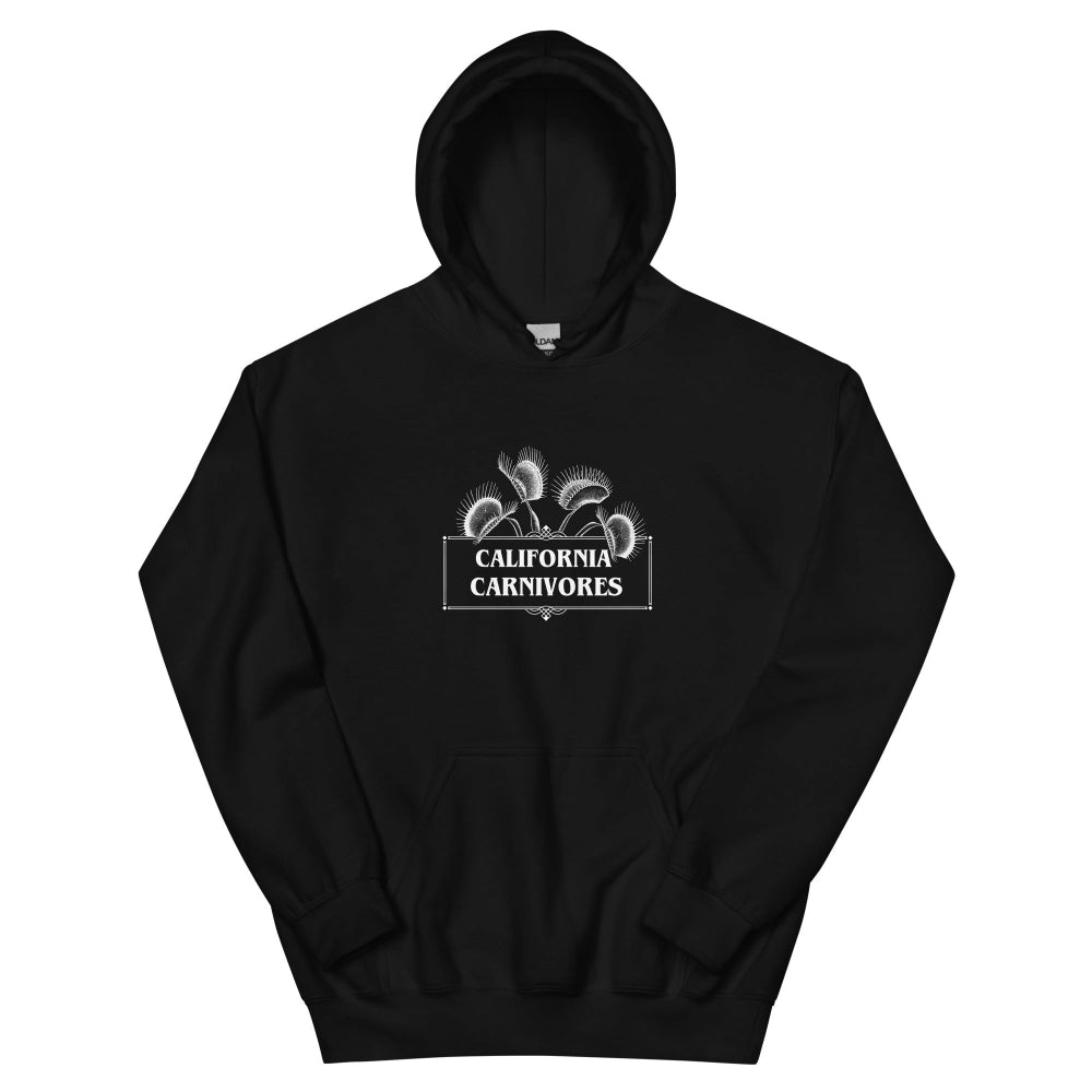Black hoodie with text and California Carnivores logo on a white background
