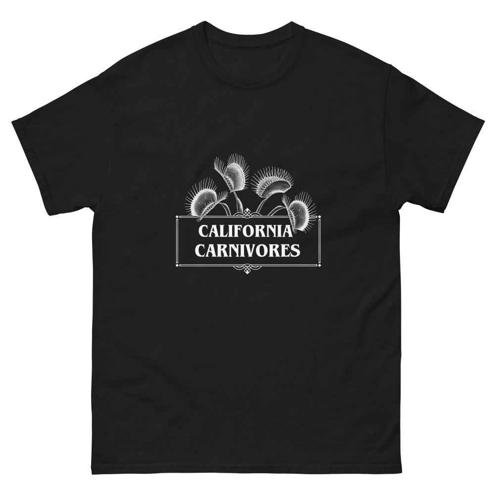 Black t-shirt with a white logo on a white background