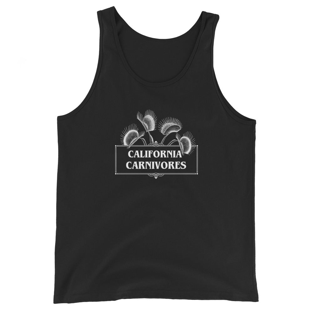 Black tank top with 'California Carnivores' logo graphic design on a white background