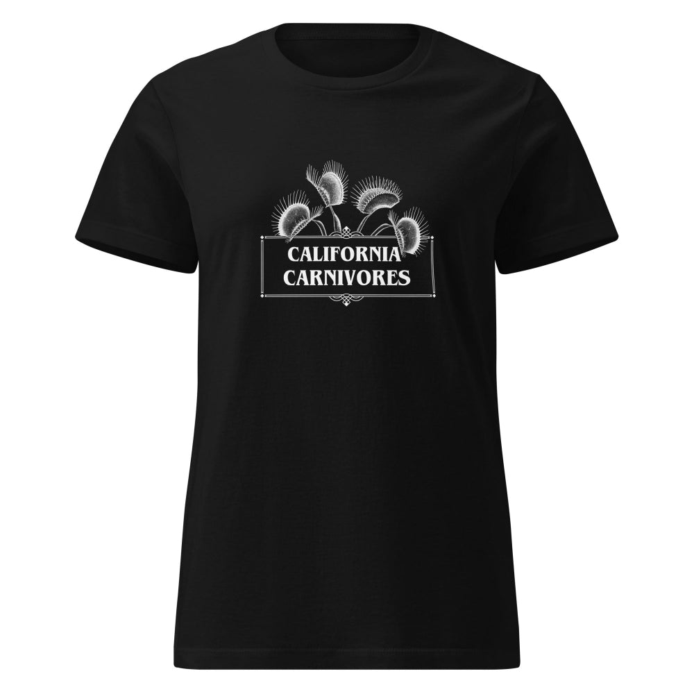Black t-shirt with 'California carnivores' text on a white background