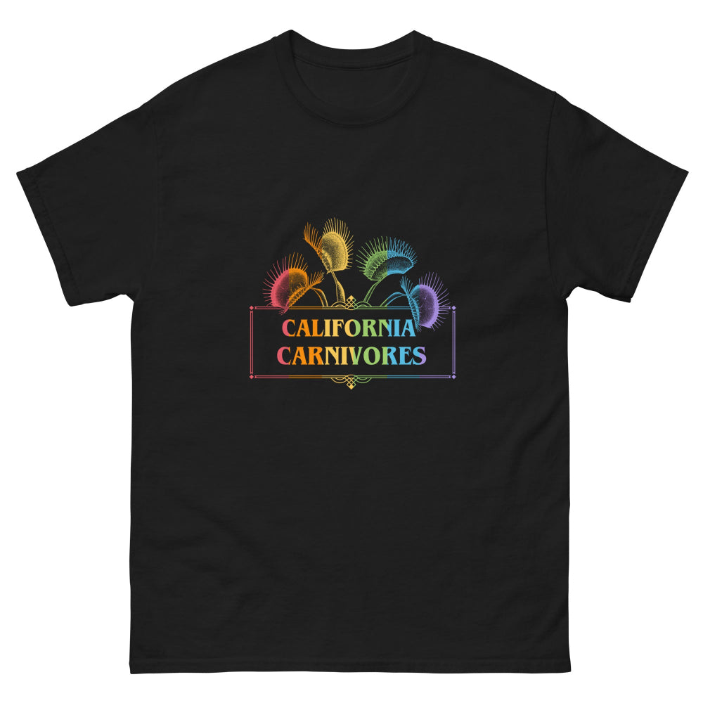 Black t-shirt with colorful 'California Carnivores' design on a white background
