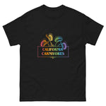 Black t-shirt with colorful 'California Carnivores' design on a white background