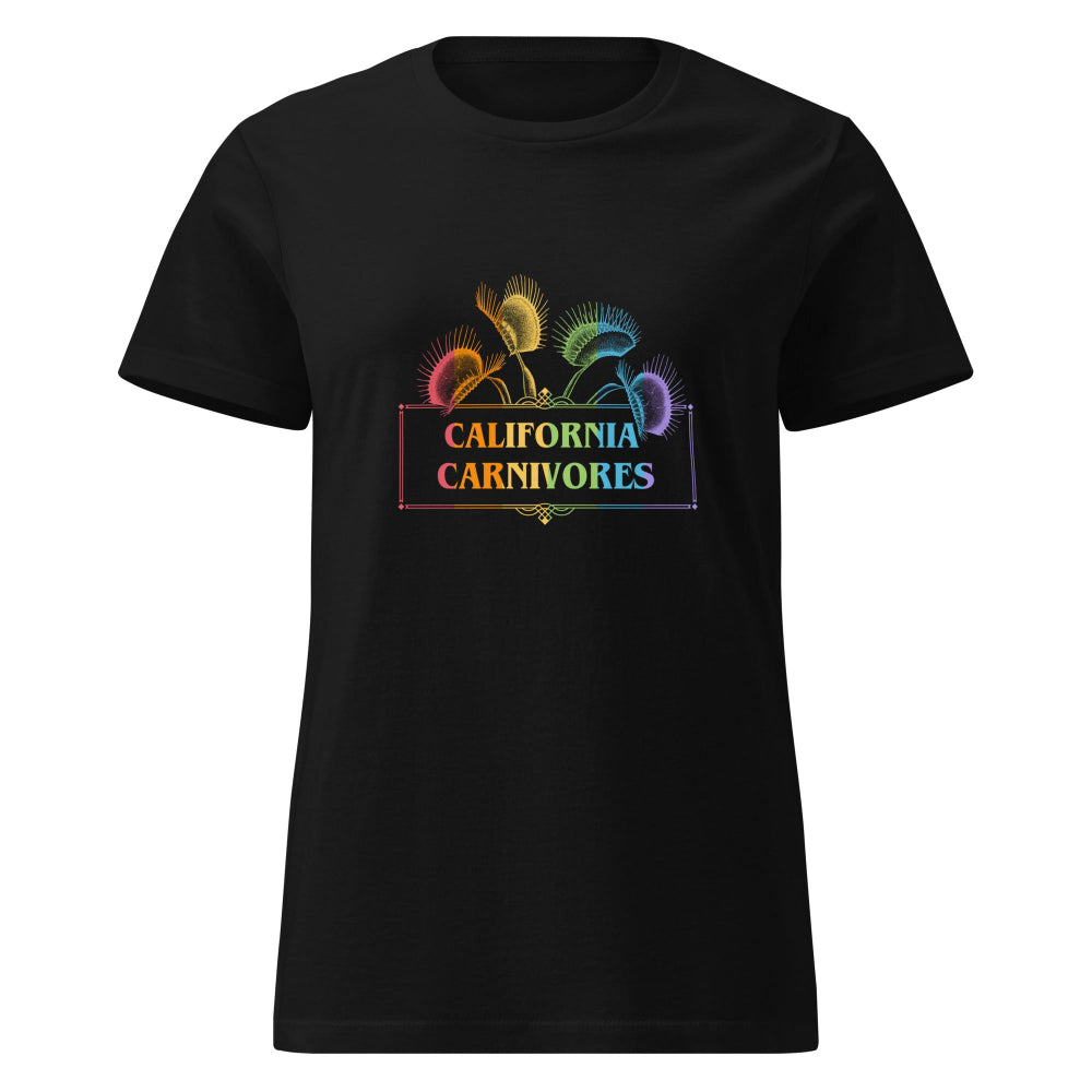 Black t-shirt with 'California Carnivores' graphic design on a white background