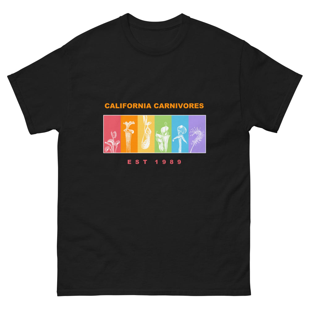 Black t-shirt with colorful graphic and 'California Carnivores' text on a white background