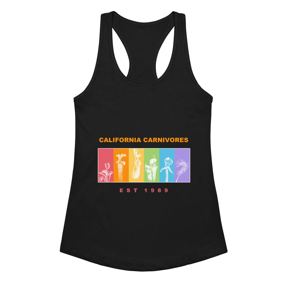 Black tank top with colorful graphic and text 'California Carnivores' on a white background