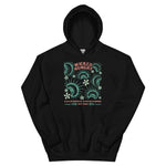 Black California Carnivores unisex hoodie with Wicked Hungry in coral, in the upper middle, surrounded by wood block print style flytraps in teal. 
