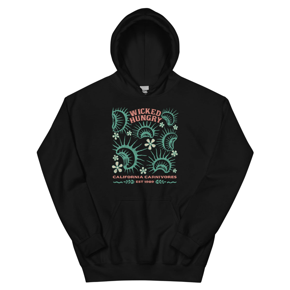 Black California Carnivores unisex hoodie with Wicked Hungry in coral, in the upper middle, surrounded by wood block print style flytraps in teal. 